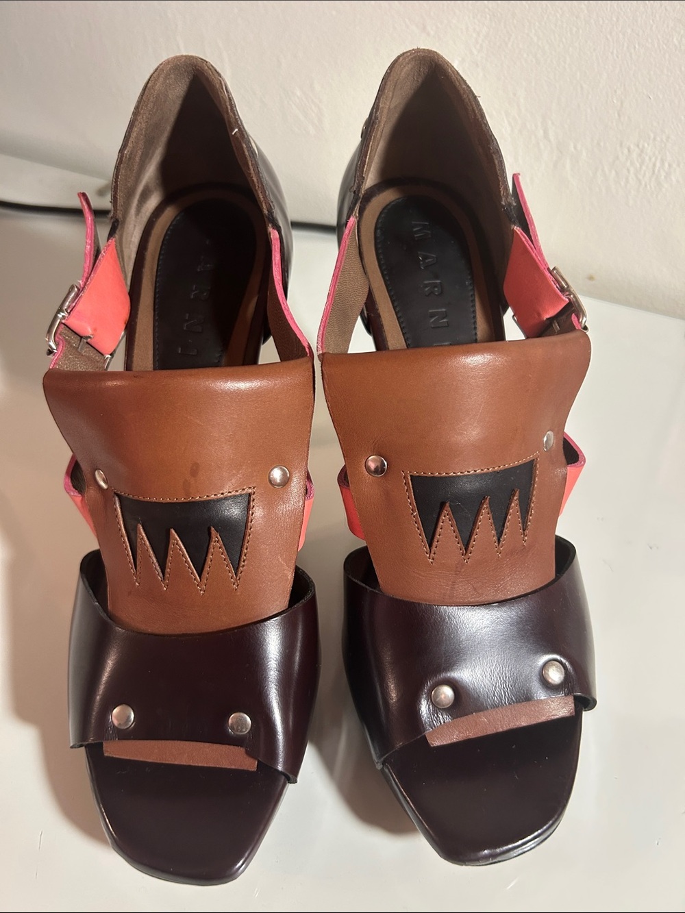 Marni Two-Tone Brown, Dark Brown & Pink Leather Open-Toe Heels